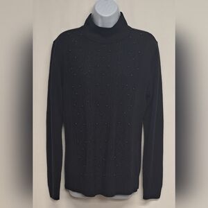 Basic Edition M Navy Blue Beaded Sweater Mock Neck Long Sleeve Nice Condition